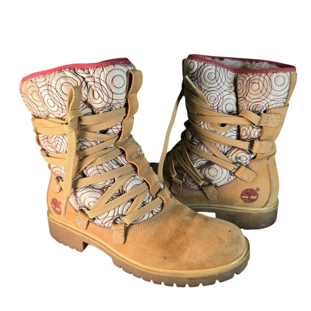 Timberland Tan Winter Boots with Rugged Sole and Lace-Up Design